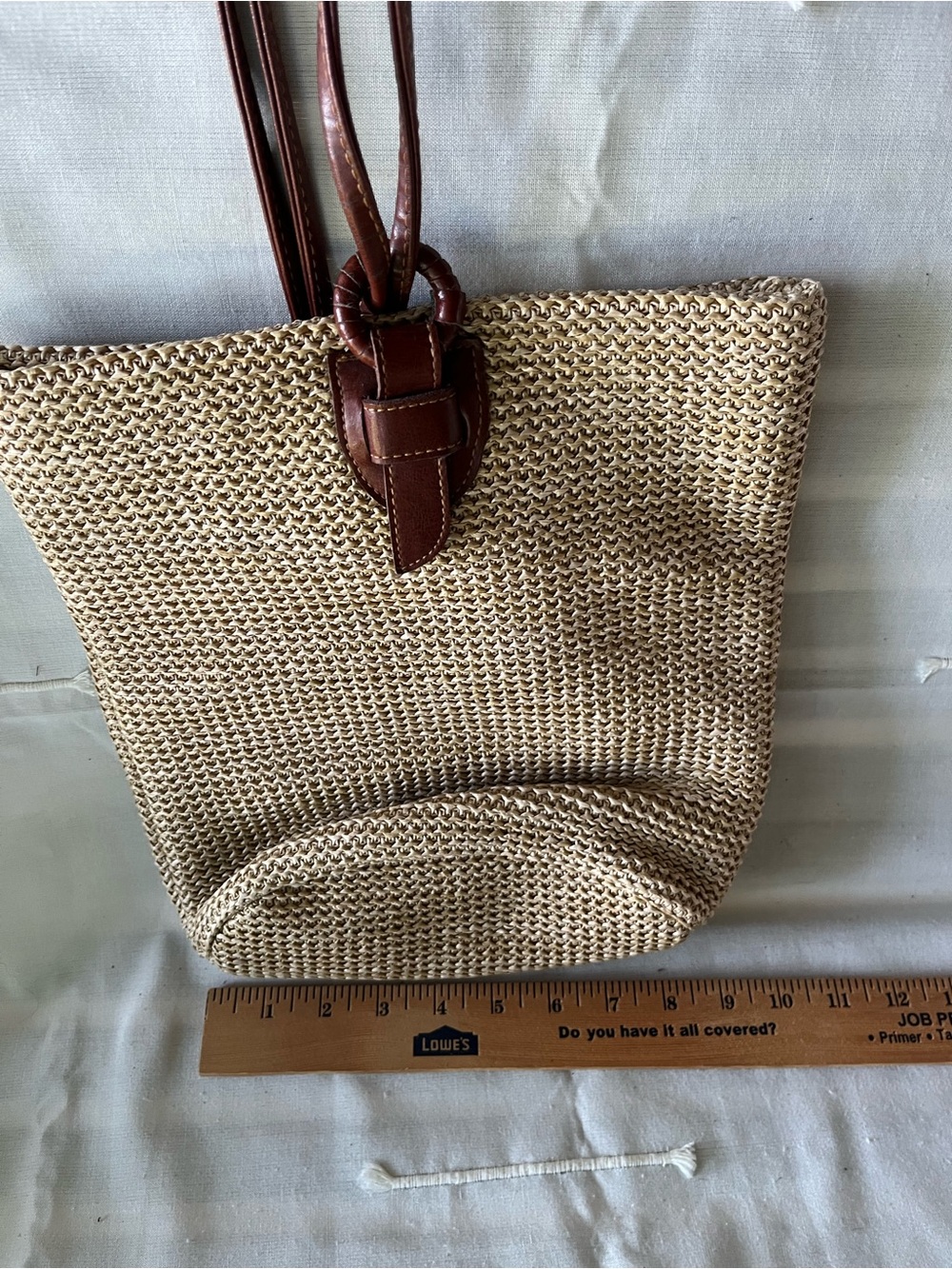 Woven Straw Tote Bag with Brown Leather Handles
